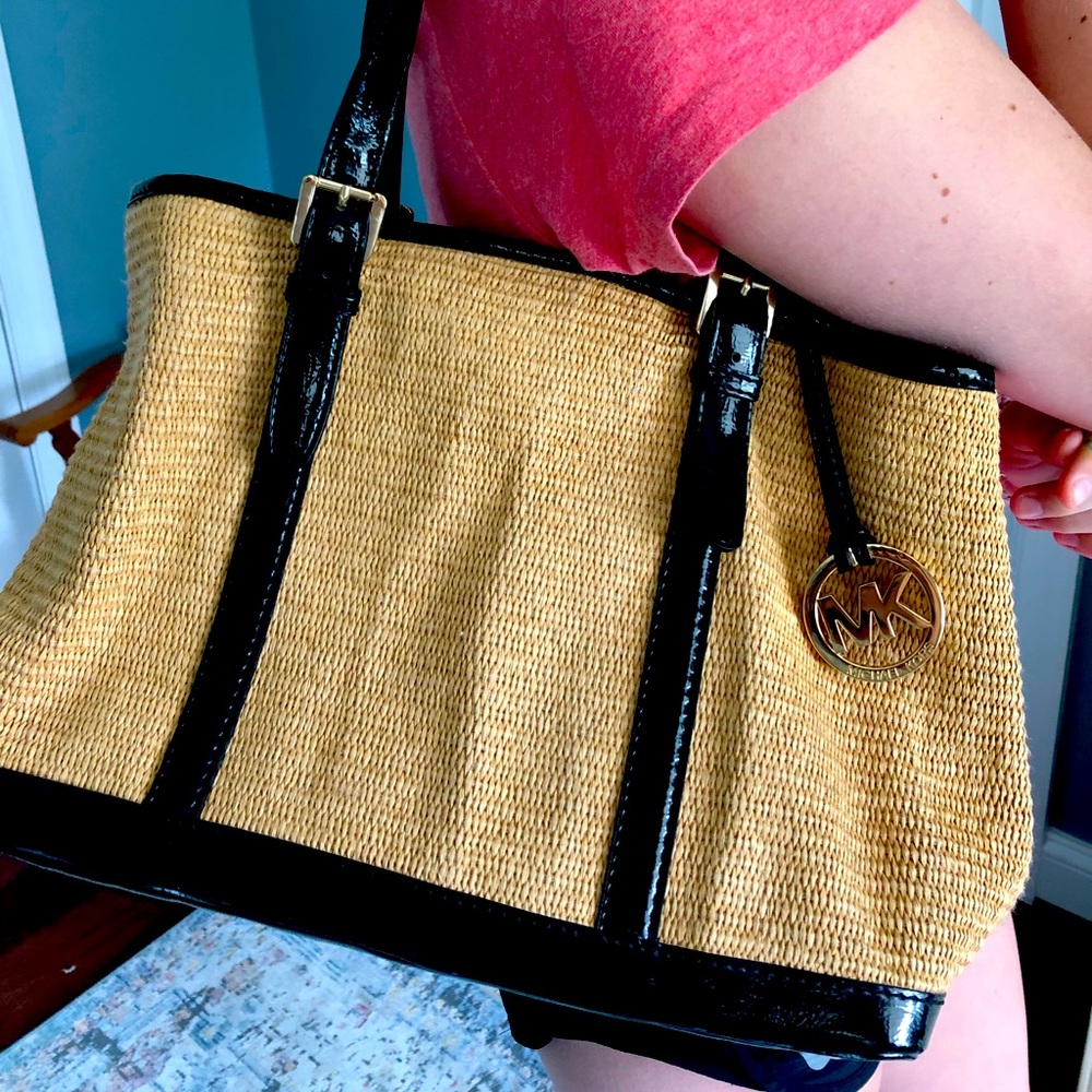 Michael Kors Raffia and Black Patent Leather Tote Bag